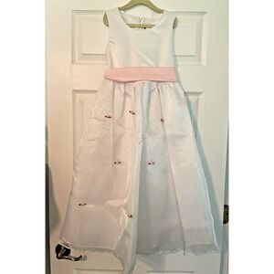 New Sofia Young dress girls sz 8 long white flower girl pink sash roses wedding